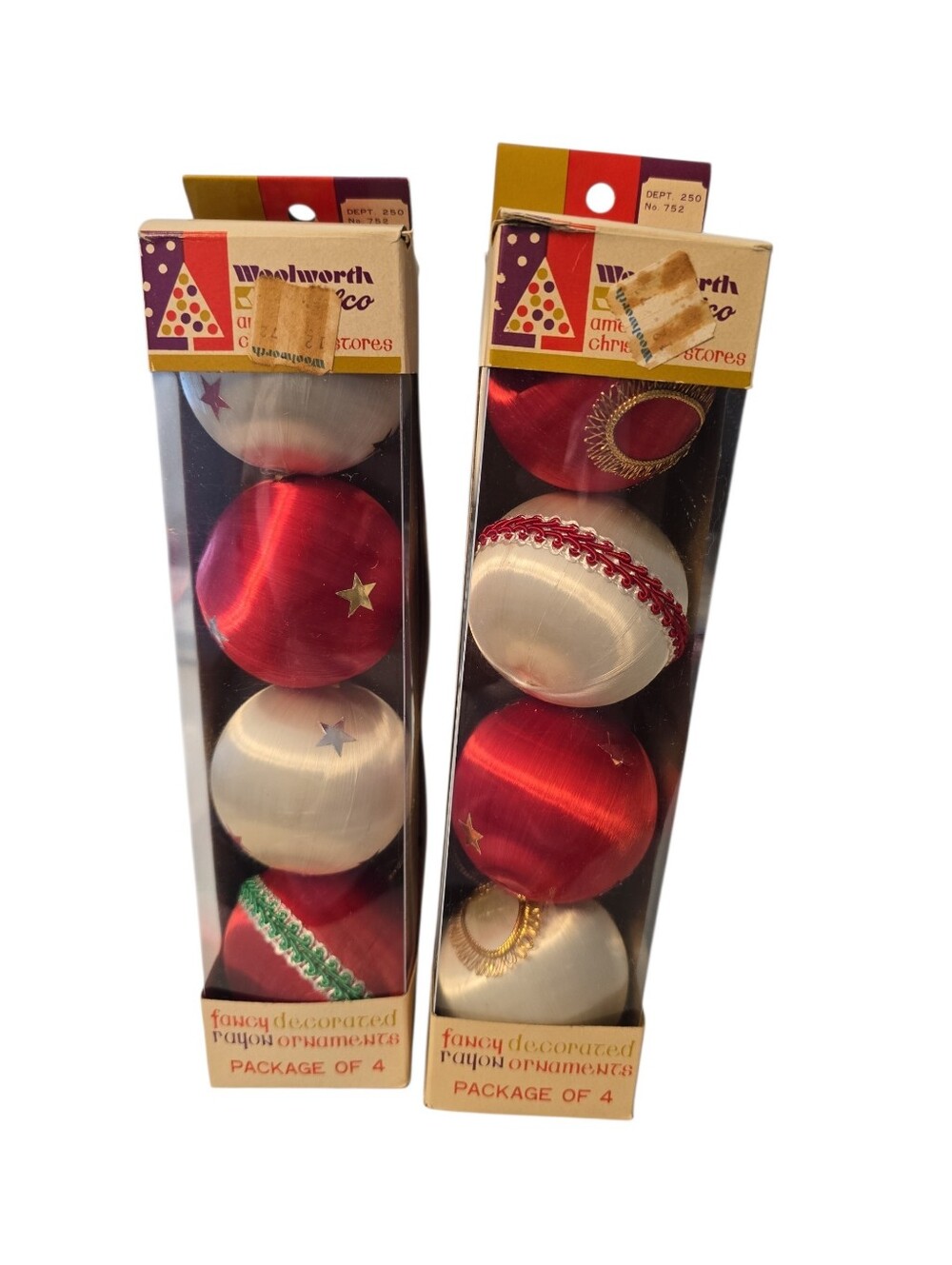 2 Packs of Vintage Woolworth Woolco Fancy Decorated Rayon Ornaments 4/Pack READ